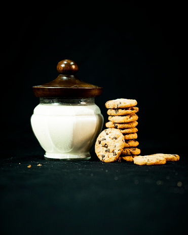 Chocolate chip cookies along with milk.