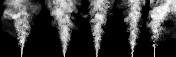 Set of swirling white smoke group isolated a on black background