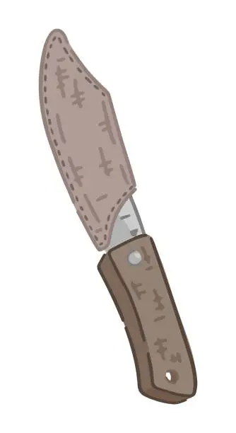Vector illustration of Doodle of camping knife with protective blade cover. Clipart of outdoor travel equipment, hiking tools. Cartoon vector illustration isolated on white.