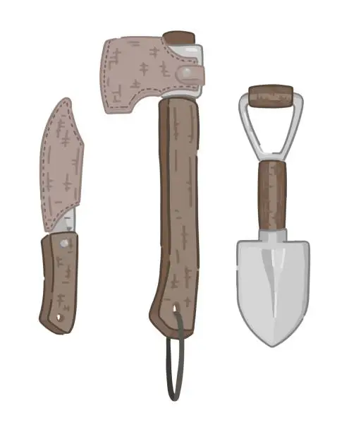 Vector illustration of Doodles of camping equipment, hiking tools. Set of shovel, knife, axe. Cartoon vector illustrations isolated on white.