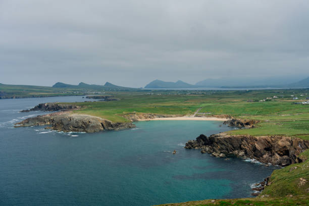 Idyllic view of Irish coast in summer with green meadows and cliffs