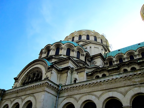 Sofia Sunny Blue Sky Saint Alexandr Nevsky Orthodox Cathedral Roof Layers and Various Arches and Domes