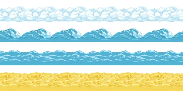 Vector illustration of Set of horizontal seashore seamless patterns. Yellow sand, blue sea waves and clouds. Beach design elements. Vector cartoon illustration.