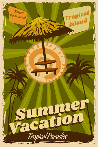 Poster Summer Vacation retro, straw hut beach on the ocean, island, coast, palms. Tropical exotic cruise, summertime travel vacation. Vector illustration vintage