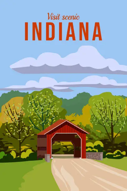 Vector illustration of Travel Poster Indiana covered bridge, USA