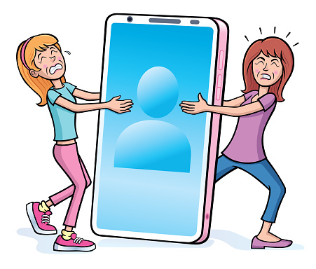 Mother and daughter are depicted in a tug of war over cell phone use and social media restrictions and limitations while both are looking exasperated and irritated.