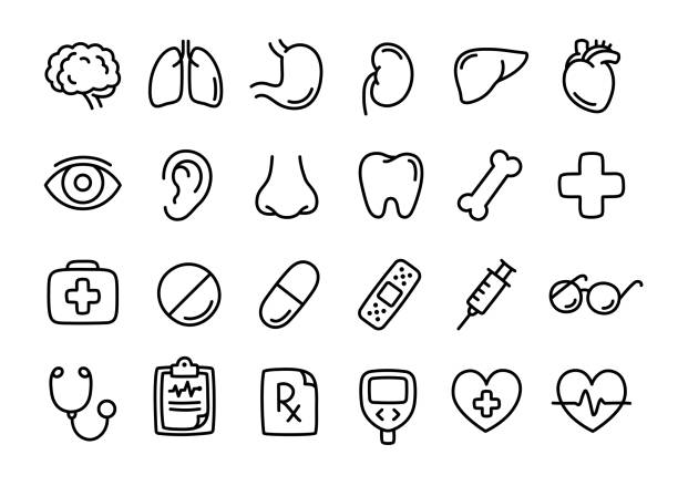 Health and medicine line icon set Health and medicine line icon set. Internal organs and medical supplies, hospital and pharmacy. Hand drawn doodle style vector illustration. bloody nose stock illustrations