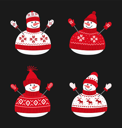 Cute snowmen. Set. Four different snowmen in beautiful red winter clothes. Greeting card template. Vector illustration