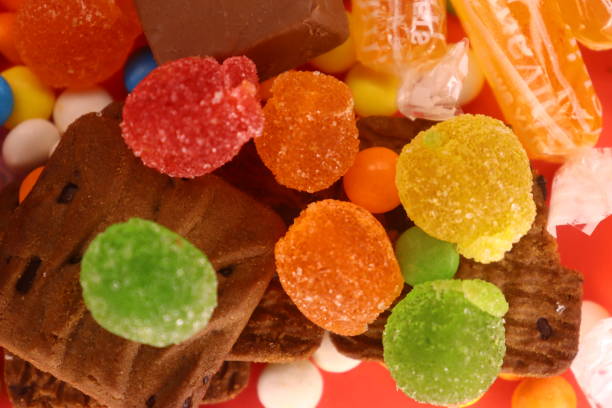 A beautiful chocolate biscuits and sweety jelly candy in the frame