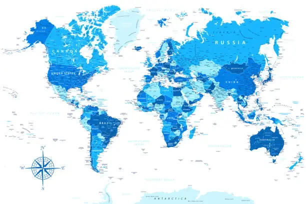 Vector illustration of World Map - Highly Detailed Blue Colored Vector Map of the World. Ideally for the Print Posters.