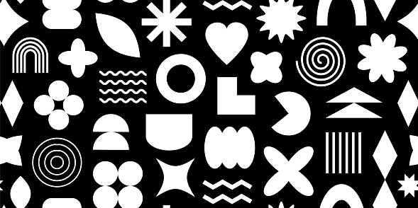Y2k shape retro seamless pattern, abstract geometry monochrome background, modern funky print, simple groovy element repeat, futuristic form black nd white colors. Minimal vintage vector illustration
