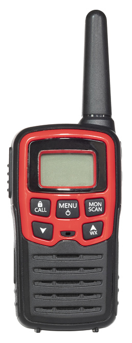 Walkie-talkie that is read and white with an LCD display and antenna for use on FRS and GMRS frequencies on a white background.
