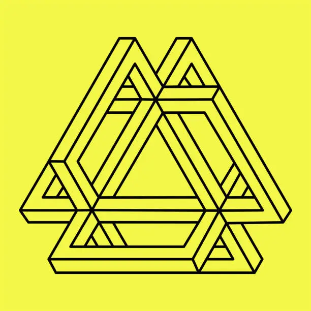 Vector illustration of Impossible shape. Sacred geometry figure. Optical illusion. Abstract eternal geometric object. Impossible endless outline triangle. Op art. Impossible geometry symbol on a yellow background. Line art.