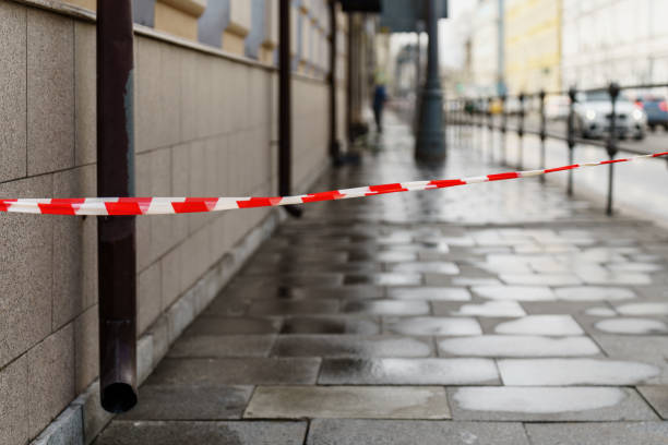 istock The sidewalk for pedestrians is covered with a special tape 2128100634