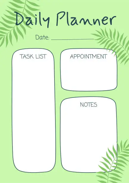 Vector illustration of Vector green daily planner with flat leaves