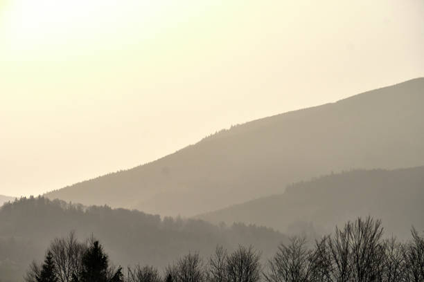 Monochromatic wild landscape horizon with sunrise above mountains above Beskydy mountains in the Czech republic, misty look caused by dust from Sahara desert in the atmosphere.