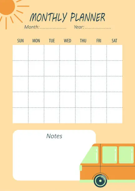 Vector illustration of Vector orange monthly planner with sun and bus