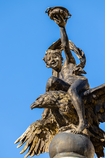 Bronze sculpture of mythological boy Ganymedes flying on eagle and holding wine bowl in lifted hand, unveiled in 1888 by Viktor Tilgner as part of a municipal fountain in Bratislava