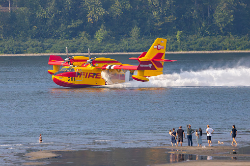 Latourell, Oregon, USA - August 27, 2023: A family enjoying the beach watches as a Bridger Aerospace Canadair CL-215 refills with water from the Columbia River while fighting the Camp Creek fire located in the Bull Run Watershed area of the Mt Hood National Forest.