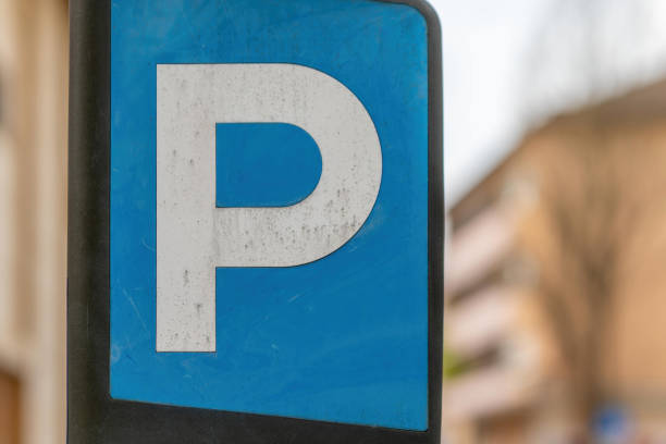 istock blue and white sign with the letter p on it 2128197370