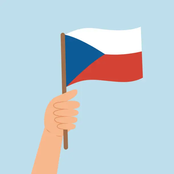 Vector illustration of Hand holding a flag of Czech Republic. Vector illustration of the Czech flag in flat style.