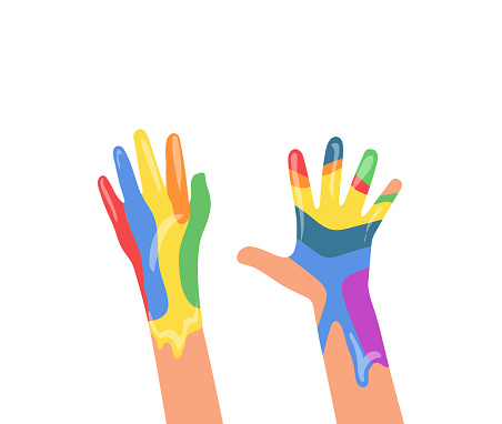 Set of cute rainbow paints colored human hands raised up vector illustration over white background. Cartoon children arms with multicolored creative artistic prints. Symbol of happy childhood