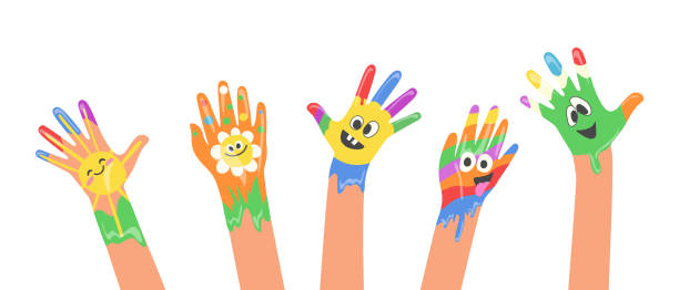 istock Kid hand with colorful cute funny faces emoticon, flower emoji and sun smiley, welcome gesture 2128211976