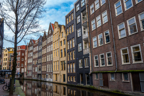 Amsterdam downtown - Amstel river, old houses and a bridge. Travel to Europe. Holland, Netherlands, Europe.