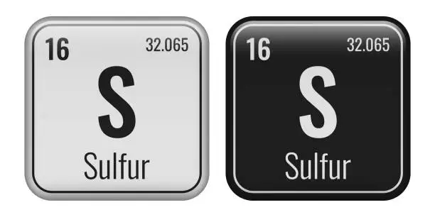 Vector illustration of Sulfur symbol. Chemical element of the periodic table. Vector illustration isolated on white background. Glass sign.