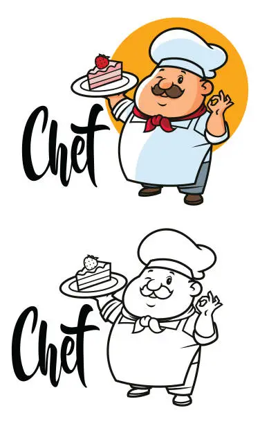 Vector illustration of Happy Chef in hat emblem and logo. Cook, baker badge. Food, restaurant concept.