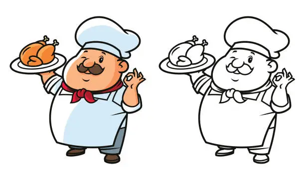 Vector illustration of Happy Chef in hat emblem and logo. Cook, baker badge. Food, restaurant concept.