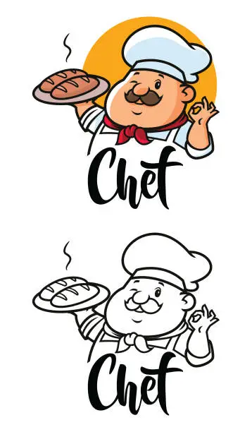 Vector illustration of Happy Chef in hat emblem and logo. Cook, baker badge. Food, restaurant concept.