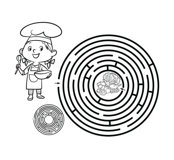 Vector illustration of Help little chef find path to vegetable. Labyrinth. Puzzle. Maze game for kids.