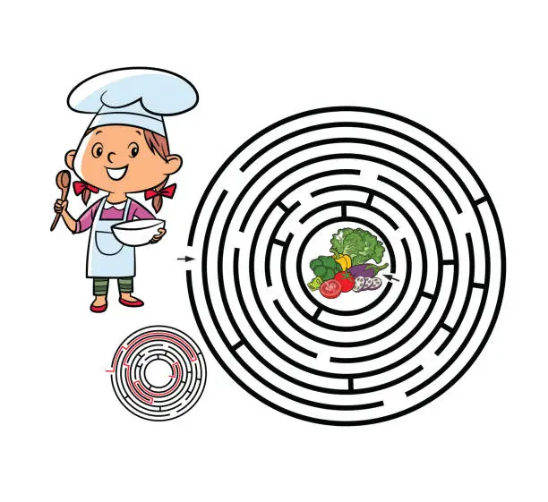 Vector illustration of Help little chef find path to vegetable. Labyrinth. Puzzle. Maze game for kids.