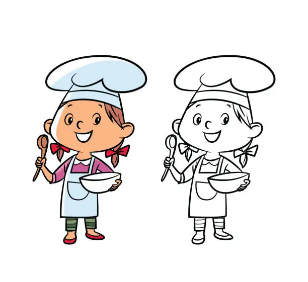 Vector illustration of Little girl chef cooking in the kitchen. Vector black and white coloring page.