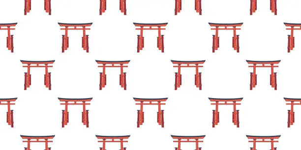 Vector illustration of Colored torii pattern. Traditional red temple gate Japan. Seamless print of Japanese tourist religious landmark. Asian