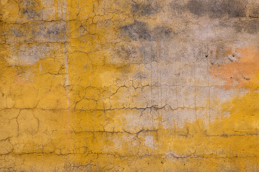 Old wall with yellow plaster with cracks and stains. Orange background for design and banners