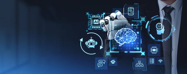 istock Robot finger touch AI icons hologram, smart technology and machine learning 2128269200