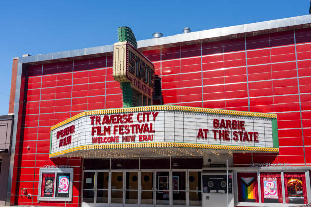 Traverse City, Michigan USA - August 30, 2023: A theater marquee in downtown Traverse City Michigan advertising the Traverse City Film Festival.