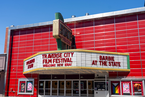 Traverse City, Michigan USA - August 30, 2023: A theater marquee in downtown Traverse City Michigan advertising the Traverse City Film Festival.