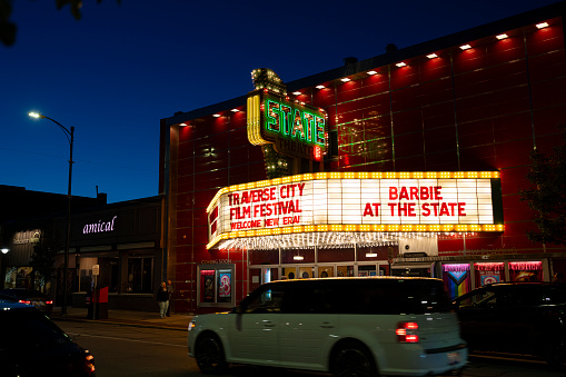 Redwood City, California, USA - January 1, 2023: Sunset bathes the historic downtown Fox Theater in warm light.