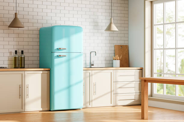 istock Modern home kitchen interior with cooking cabinet and refrigerator, window 2128271306