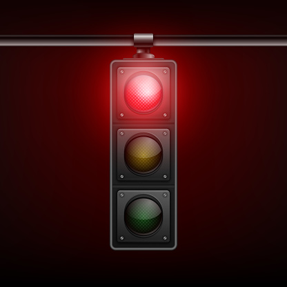 Vector Realistic Hanging Traffic Light with Glowing Red Prohibiting Signal Isolated on Black Background.