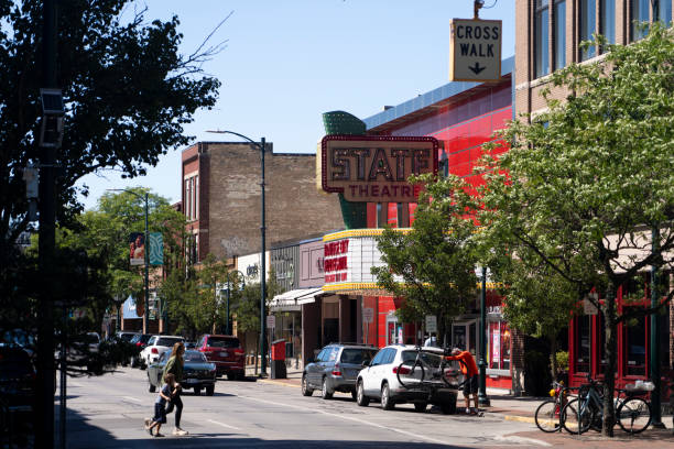 Traverse City, Michigan USA - August 30, 2023: A theater marquee and people activity in downtown Small city USA.