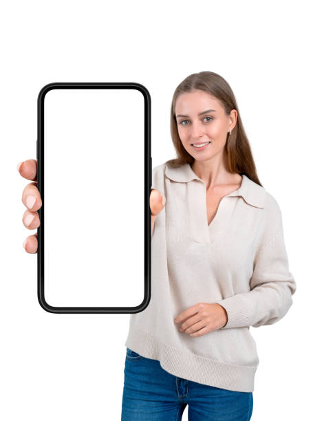 istock Woman hand showing smartphone big mockup screen, isolated over white background 2128273904
