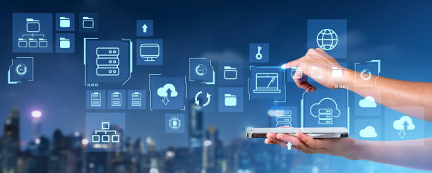 istock Woman hands with phone, finger touch big data server hologram with icons 2128275957