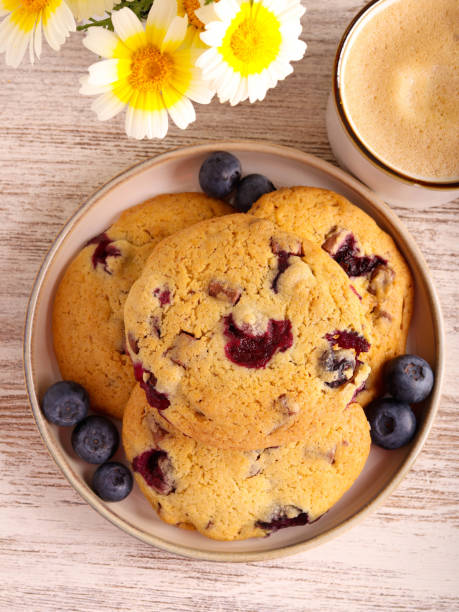 Blueberry and chocolate cookies, on plate