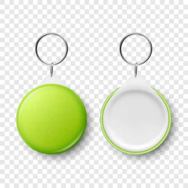 Vector illustration of Vector 3d Realistic Green Blank Round Button Badge with Ring Holder Closeup, Isolated. ID Badge Design Template, Mockup. Design Template for Access Pass, Identification, Events. Front, Back Side View