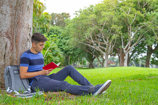Portrait of young latin college happy handsome university male student carrying a backpack and reading a book over the grass in university campus outside the library, wearing a blue t-shirt and pants.

Education concept.  Copy Space.