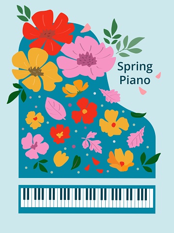 Artistic Spring poster with blue piano leaves, flowers and text, on a light blue  background. Modern geometric style. For music magazines; banners; banners; invitation cards